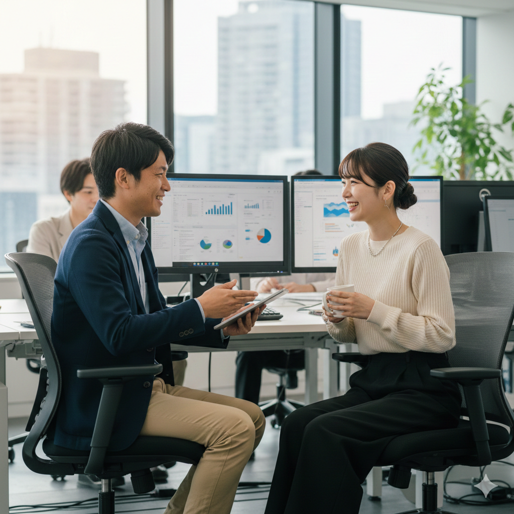 Two professional women working together on a laptop in a bright office